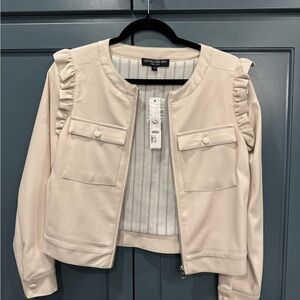 Central Park West Cream Ruffle-Shoulder Zip Front Jacket